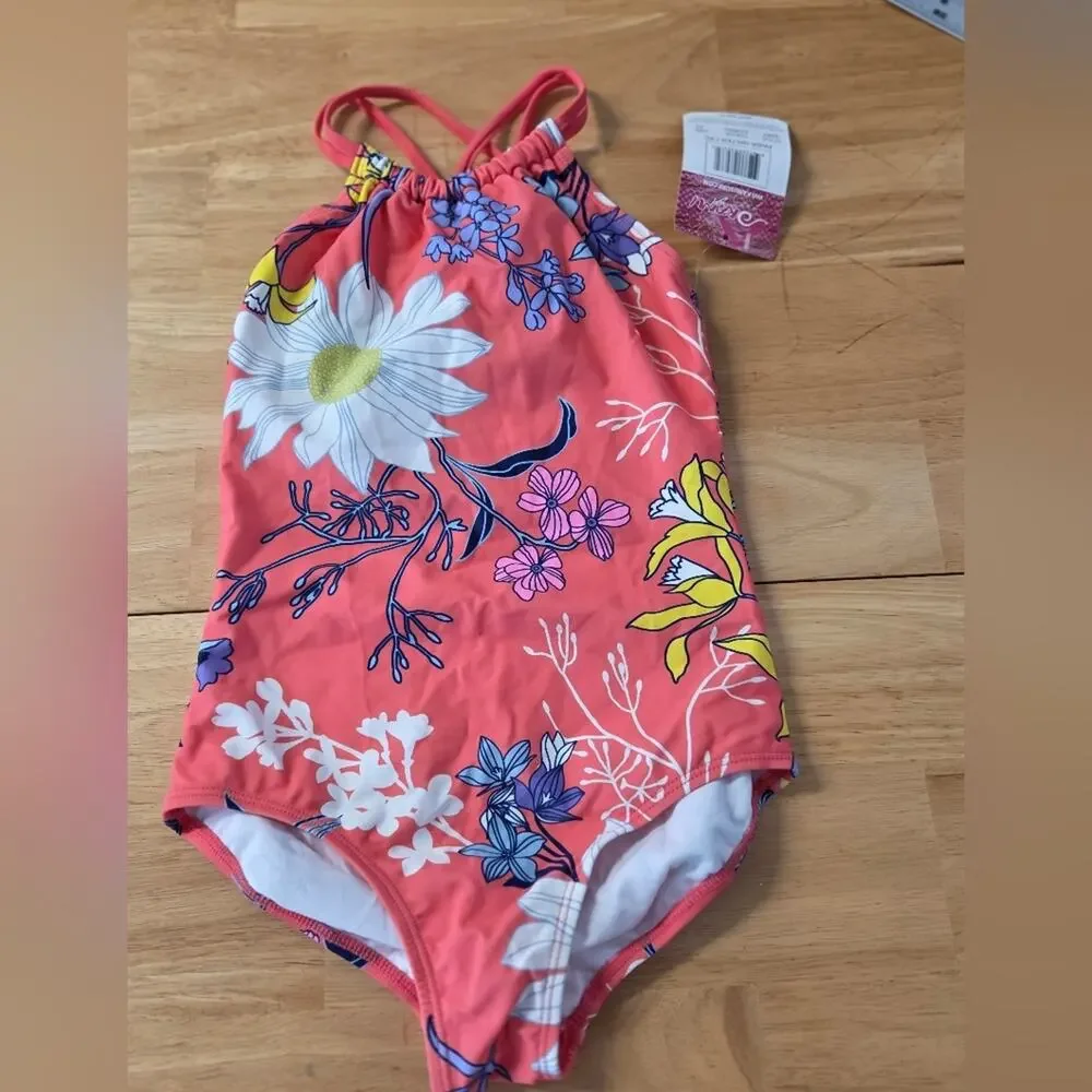 Kanu Surf Girls Coral Floral One Piece Swimsuit Halter Criss Cross Back Size 10